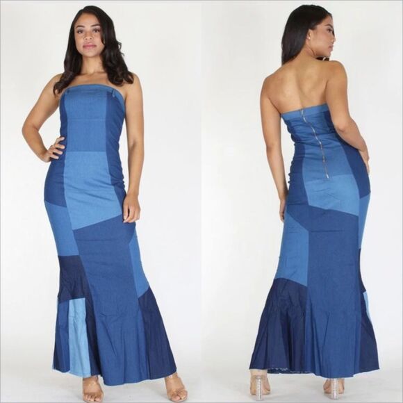 Touch Me Denim Patchwork Strapless Maxi Dress Size Small Stretch Y2K Western - Picture 1 of 7